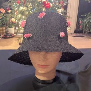 Black Bucket Hat with Pink Rose Accents